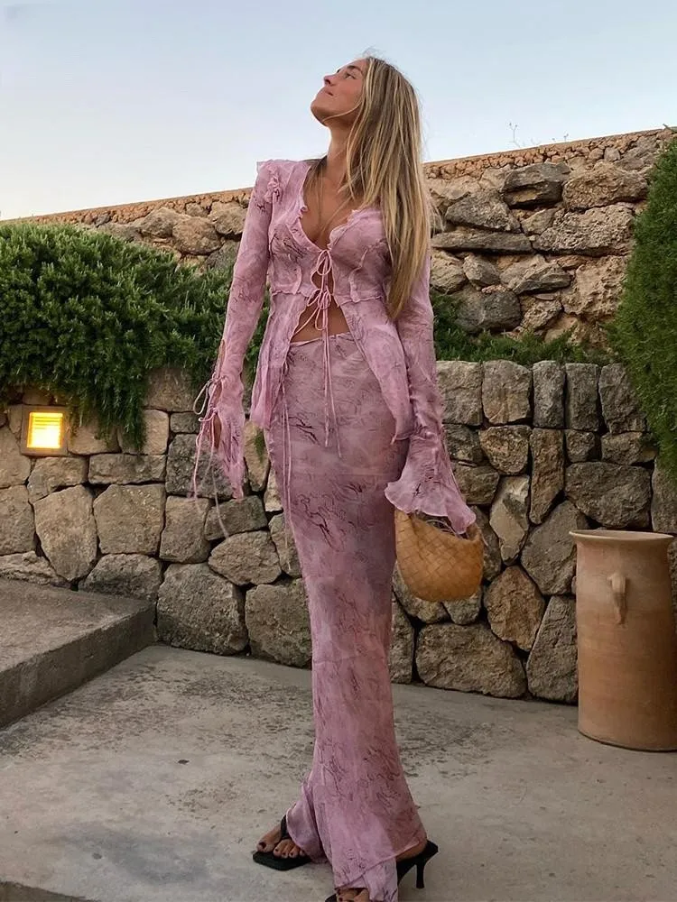 

Прозрачный топ с длинным рукавом и юбка макси из сетчатого материала с принтом, сексуальный комплект из двух предметов, пляжная одежда для путешествий, женский клубный праздничный стиль