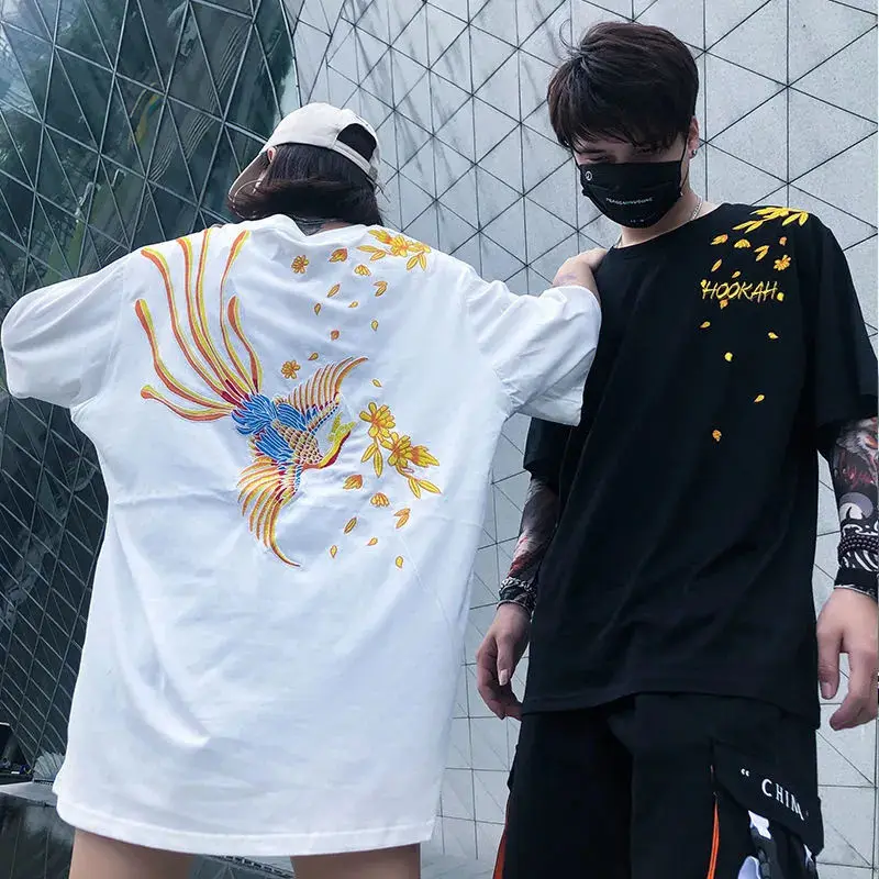 Vintage Boho Flying Bird Embroidery T Shirts Oversized Men Women Cotton Y2K Tops New Summer Loose Casual Black White Graphic Tee