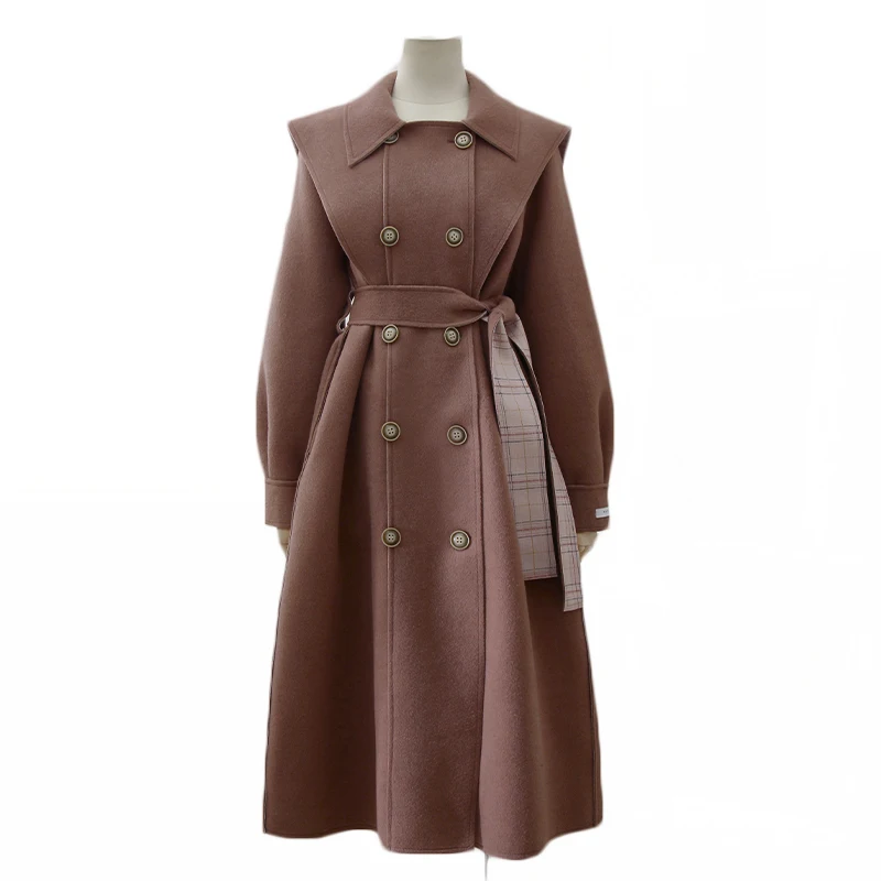 

Женское шерстяное пальто средней длины Lotus-Pink, зимняя одежда в стиле ретро, яркое двубортное шерстяное пальто с темно-синим воротником, Женская куртка