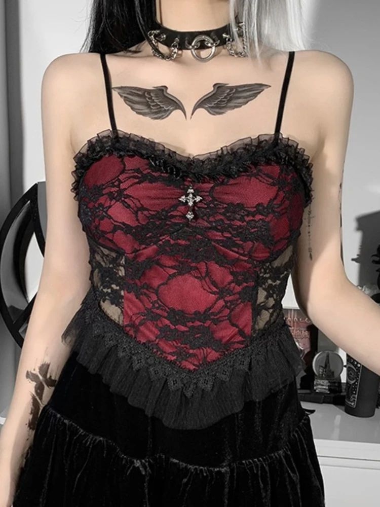 

Женский короткий топ в готическом темном стиле, кружевная сетчатая майка с перекрестными красными вставками, уличная одежда для вечерние р...