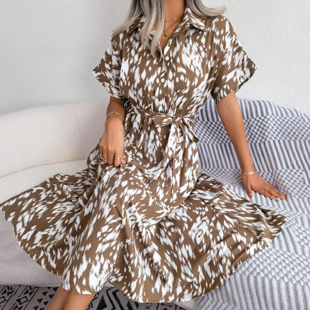 

Women Dress Summer Mid-calf Length Midi Dress Leopard Print Tied Short Sleeves Lapel Dress Loose Hem Half Single-breasted Dress