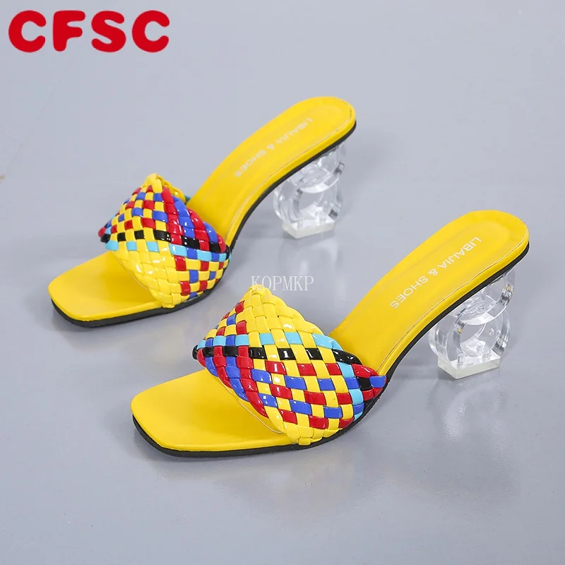 

Fashion Strange Style Heel PVC Transparent Clear Women Sandals Peep Toe Summer New Design Slippers Weave Outdoor Women Shoes