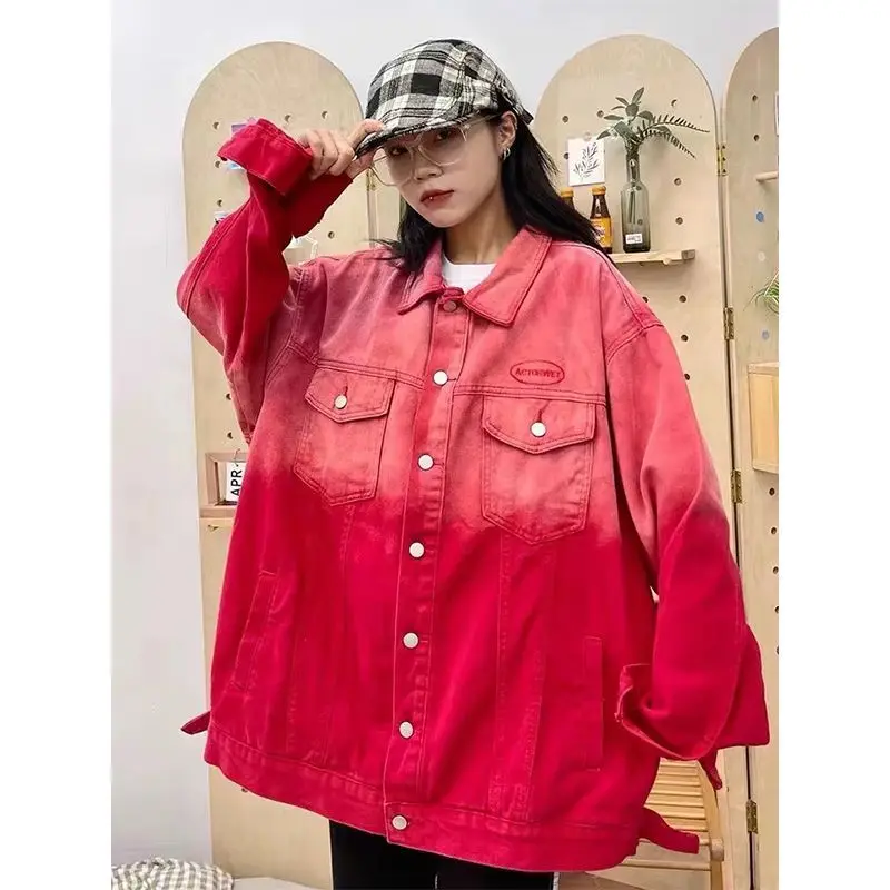

Women's Large Gradient Red Denim Long Sleeve Coat Autumn New Street Unisex Style Female Chic Single Breasted Loose Jacket 4XL