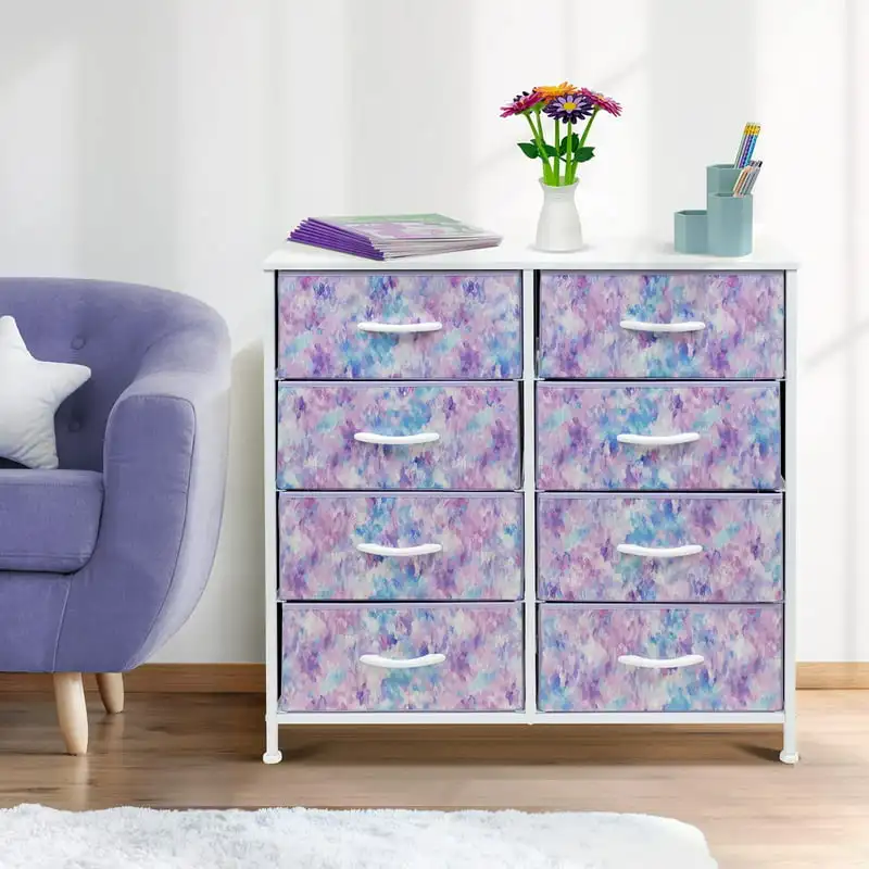 

with 8 Drawers - Furniture Storage Chest Unit for Bedroom, Hallway, Closet, Office - Steel Frame, Wood , Pull Fabric Bins (8-