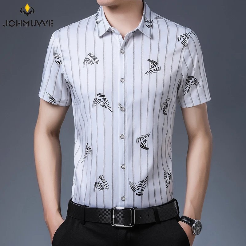 JOHMUVVE Fast Shipping New Men's Short Sleeve Striped Printed Shirt Casual Short Sleeve Top