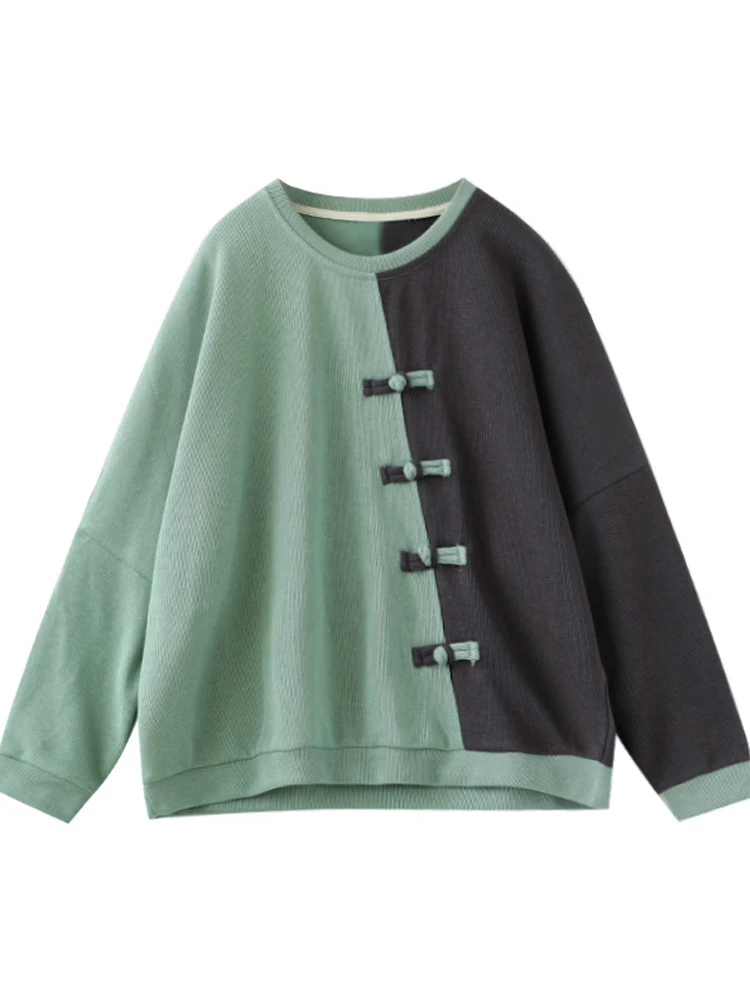 FairyNatural Spring Patchwork Design Loose Street Ladies Sweatshirts Chinese Style Buttons Casual Retro Hoodies Punk Clothing |