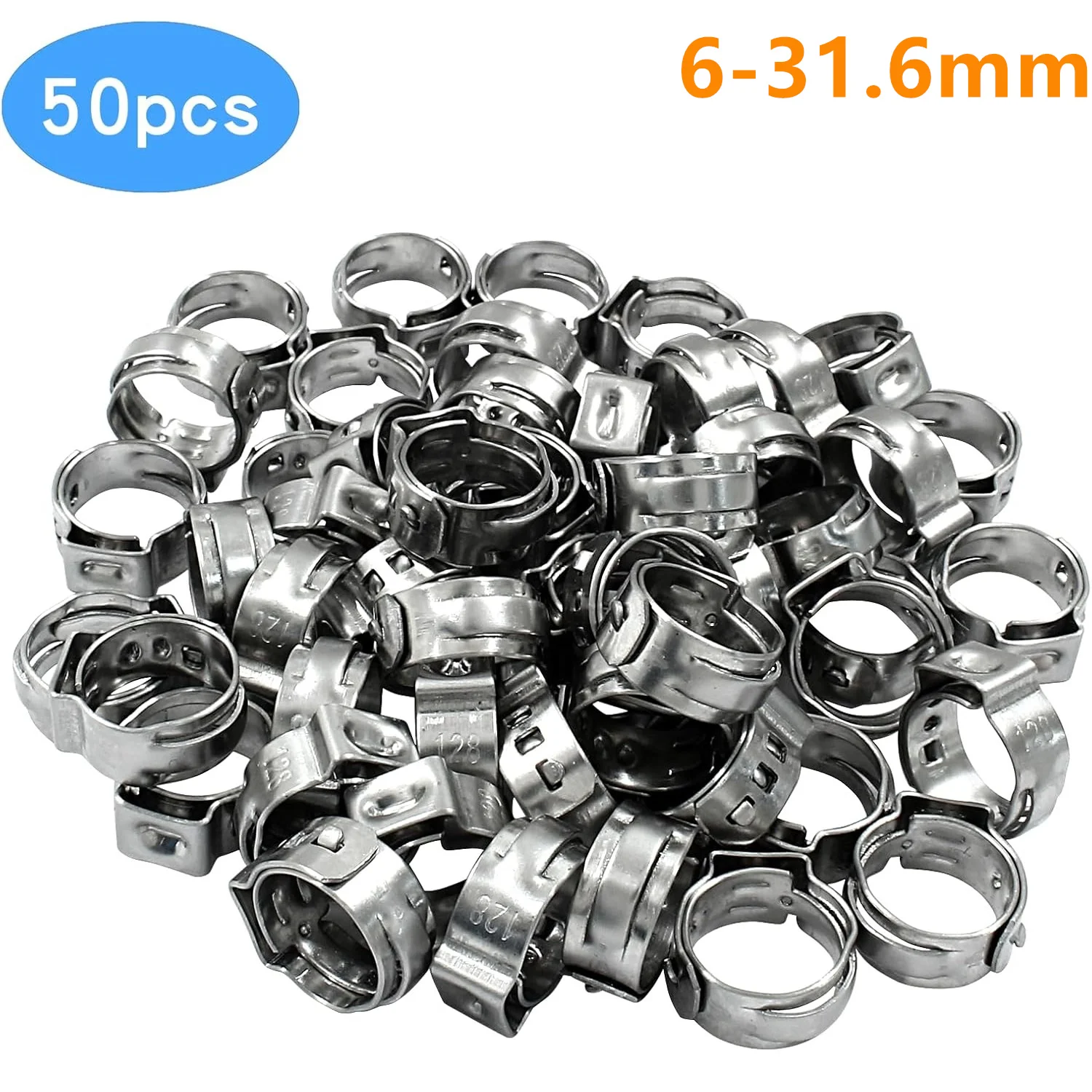 

50 шт. хомут для шланга с одним ухом 6-31,6 мм, ушной зажим из нержавеющей стали 304, бесступенчатые хомуты для шланга, регулируемые хомуты для труб, зажим