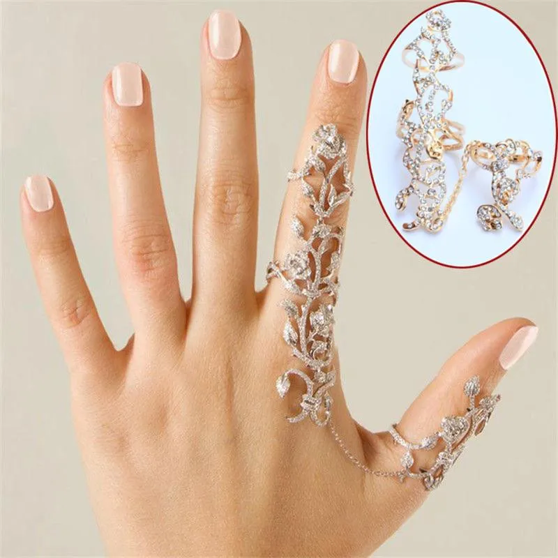 Chain Link Ring Full Rhinestone Vintage Flower Double Finger Rings For Women Girl Party Jewelry Gift Accessories