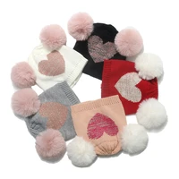 2022 cute winter pompom baby knit hat kids beanie caps for girls boys kawayi heart print soft infant bonnet caps knitted hats