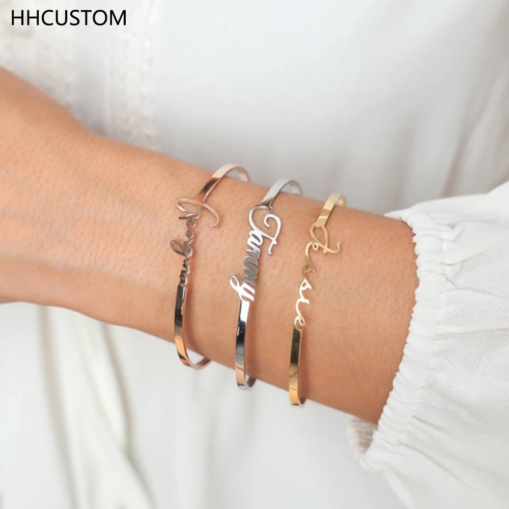 

HHCUSTOM Custom Name Bangles Personality Stainless Steel Nameplate Adjustable Bracelets For Women Couple Jewelry Birthday Gift