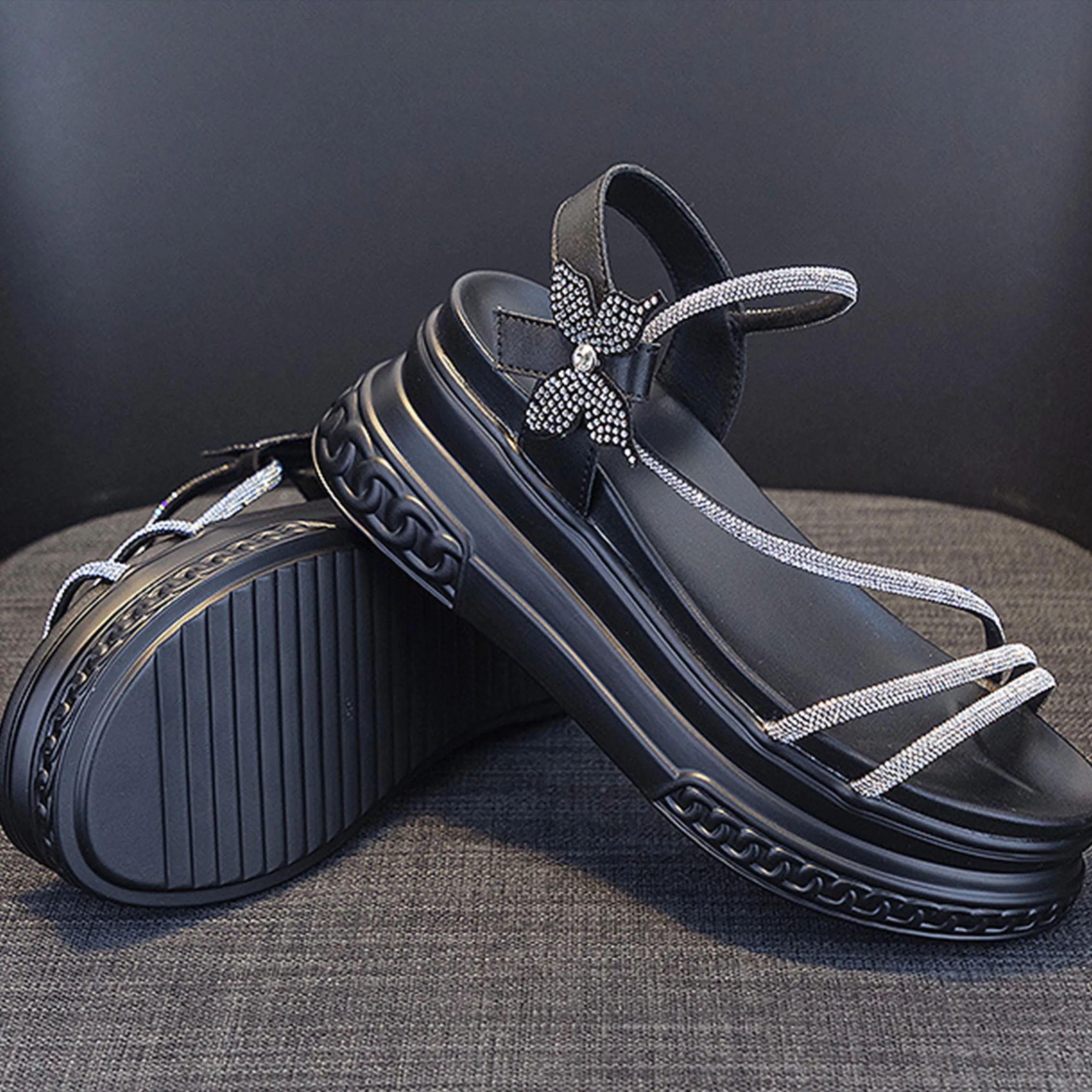 Bow Deco Rhinestones Design 7cm Platform Women Sandals Genuine Leather Women Hook&loop Slippers Ladies Wedge Chunky Shoes