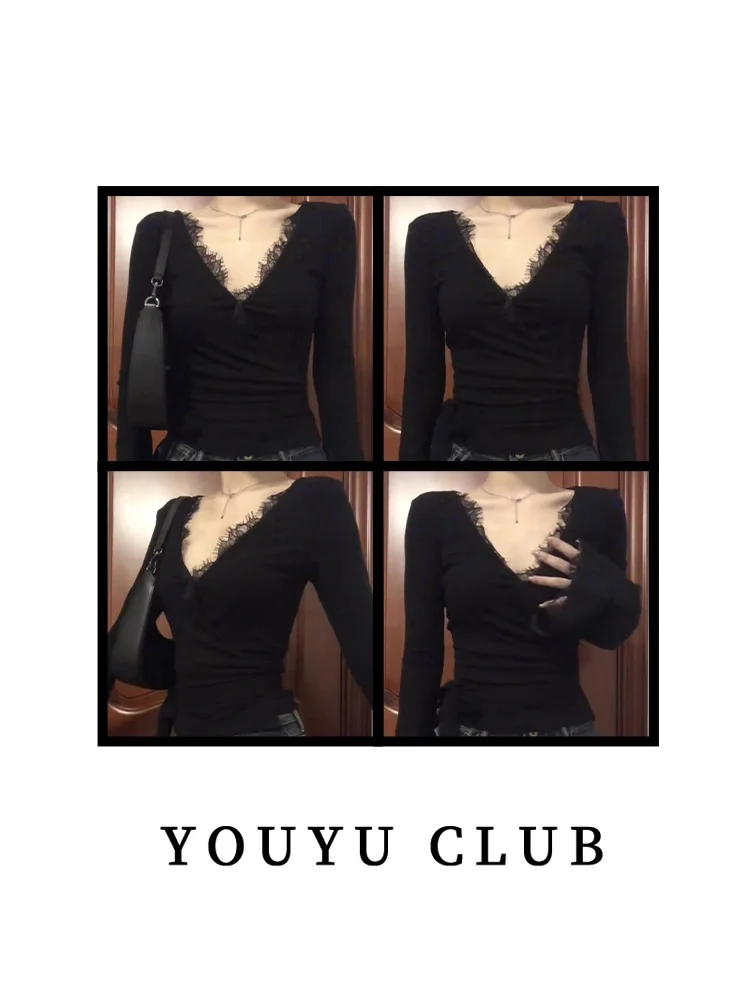 Бандажная футболка Chubby Girl Advanced Sense с v-образным вырезом и кружевной строчкой топ