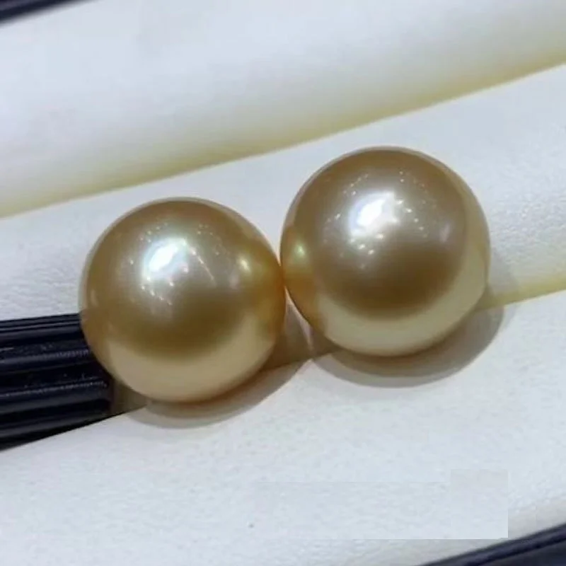 

Charming Pair of 14-15mm Natural Sea Genuine Golden Round Good Luste Loose Pearl Genstone Diamond Ring Jewelry