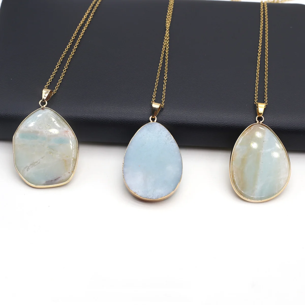 

Natural Stone Pendant Necklace Multiple Shapes Amazonite Stone Charms Stainless Steel Chain for Jewelry Party Gift