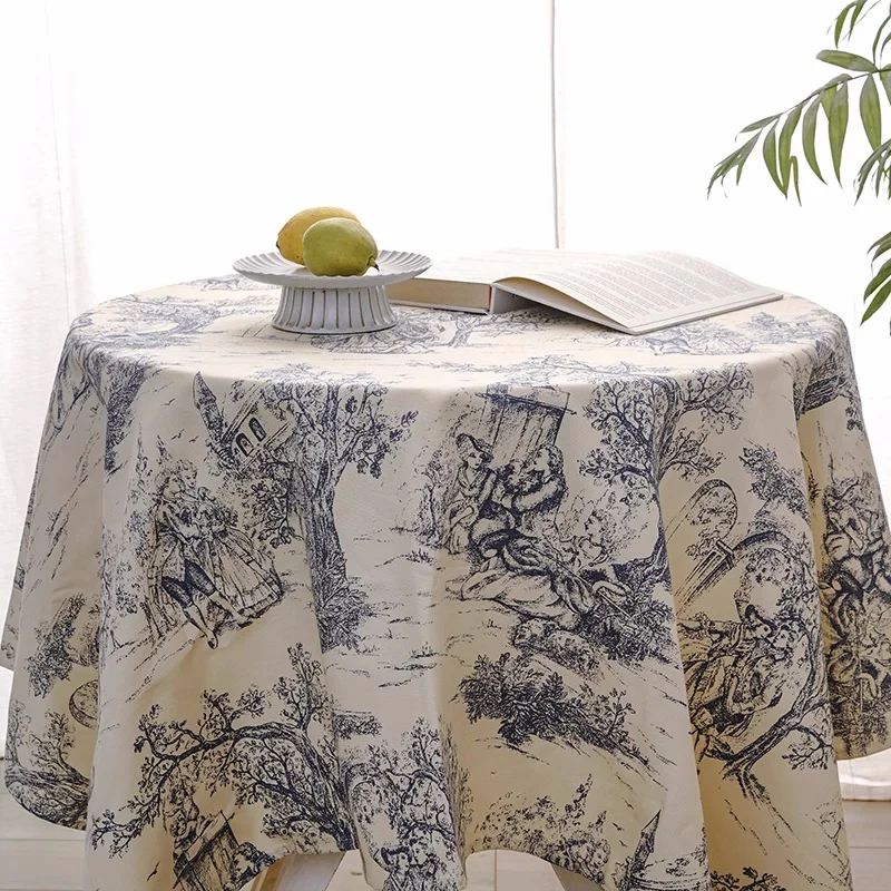 

Pastoral Style Table Cloth, Vintage Blue Printed Picnic Blanket, Household Cotton Canvas Table Cover