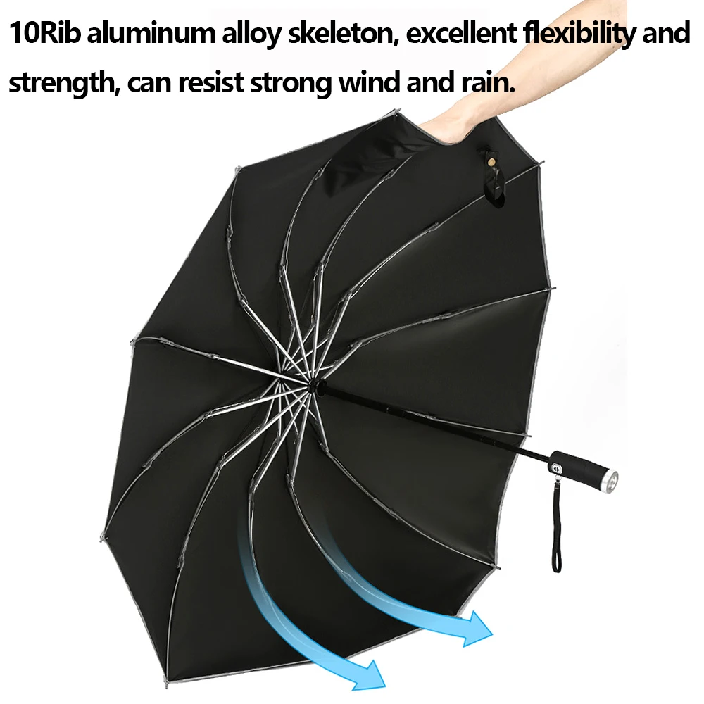 

Fully Automatic Umbrella With LED Light 10 Ribs Windproof Reflective Stripe Reverse UV Folding Umbrella For Women and Men