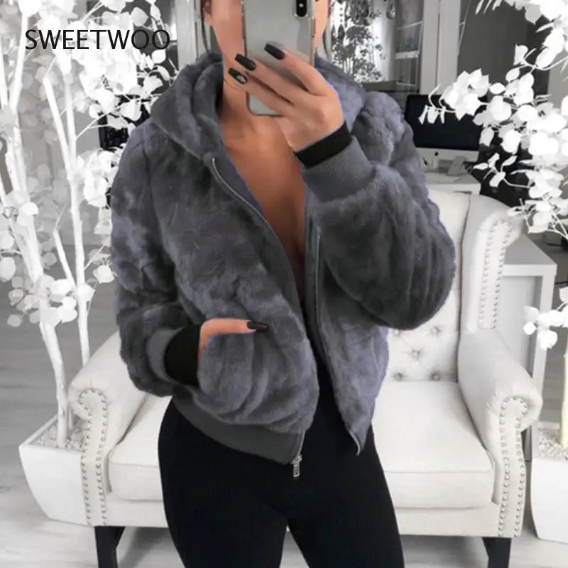 2021 New Women's Faux Fur Coat High-waist Hooded Fashion Cardigan Long-sleeved Loose Thin Faux Rabbit Fur Coat Jacket Women