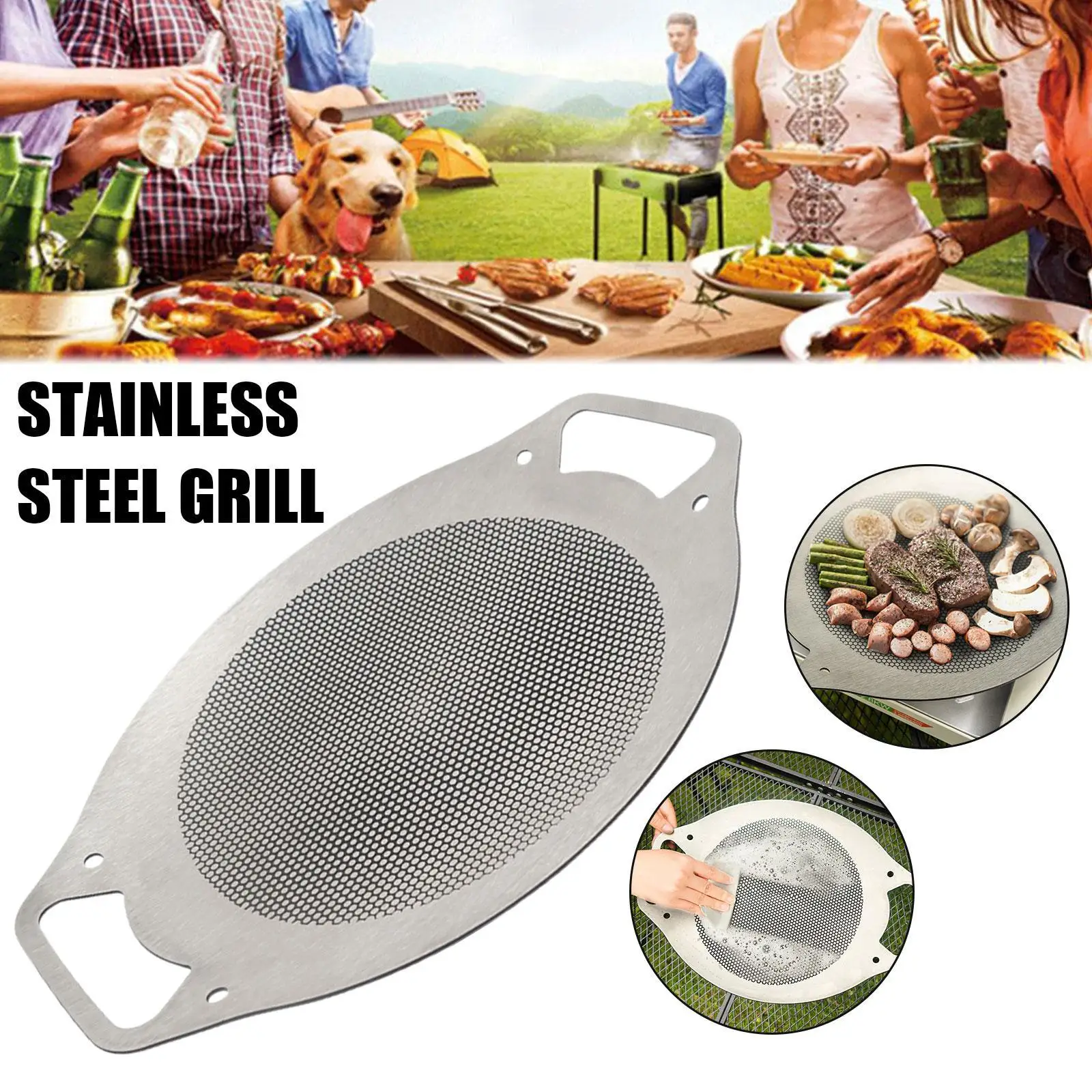 

Non-Stick Camping Frying Pan Steel Round Griddle Grill Pan Easy To Clean Liftable Baking Tray For Outdoor BBQ