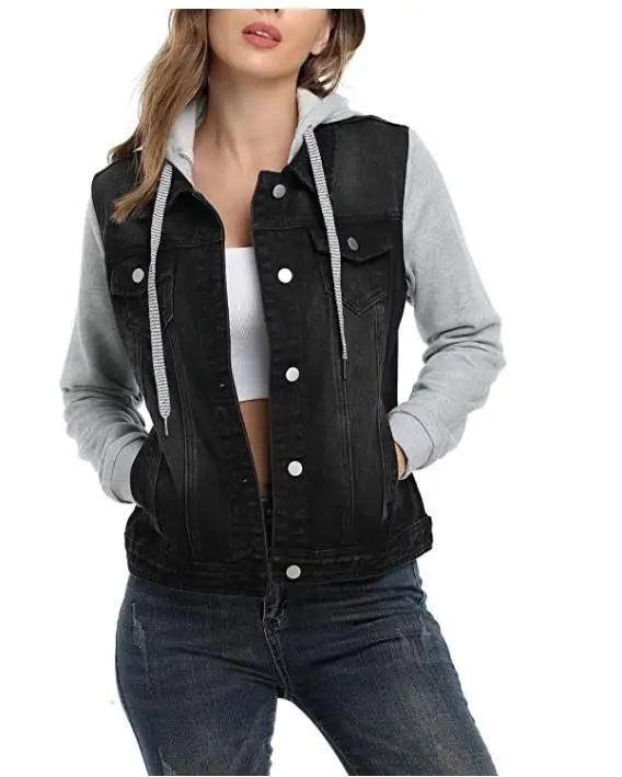 

New Women's Hooded Jean Jacket Washed Long Sleeve Hoodie Denim Jacket w 2 Pockets