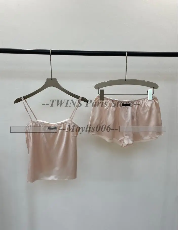 

150964 Fashion Classic Trendy Luxury Designer Cloth Women Summer Letter Logo Pink Suspender Shorts Set Satin Pajamas Tank M5