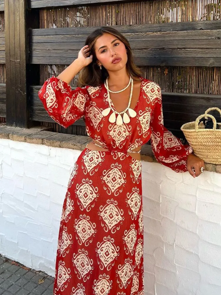 

Women Vintage Print Off Waist Maxi Dress Slim O Neck Lantern Sleeve Backless Lace Up Robe 2023 Summer Lady Boho Vacation Vestido