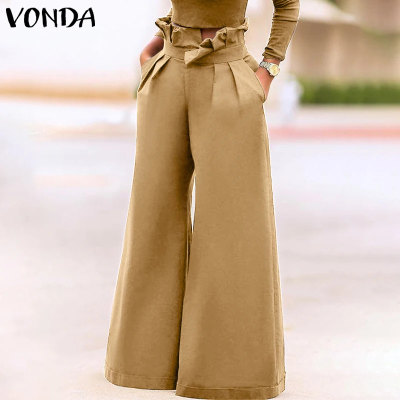 

VONDA 2022 Loose Summer Pants Women Casual Solid Color High Waist Long Trousers Flare Pants Pantalon With Pockets Oversized