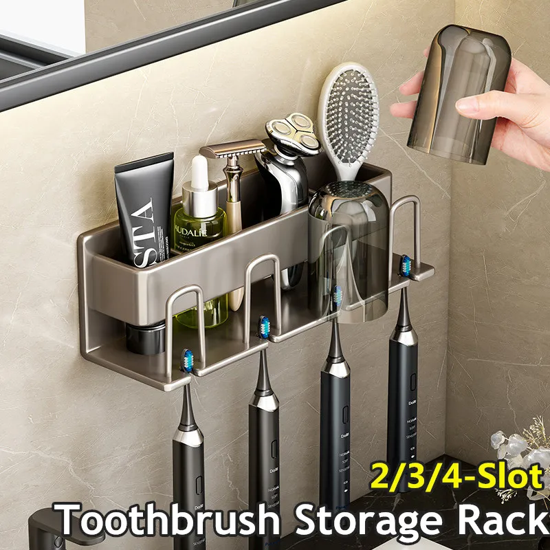

Wall-Mounted Toothbrush Storage Rack Multifunctional Metal Toothpaste Toothbrush Cup Holder Free-Punch Bathroom Caddy Organizer