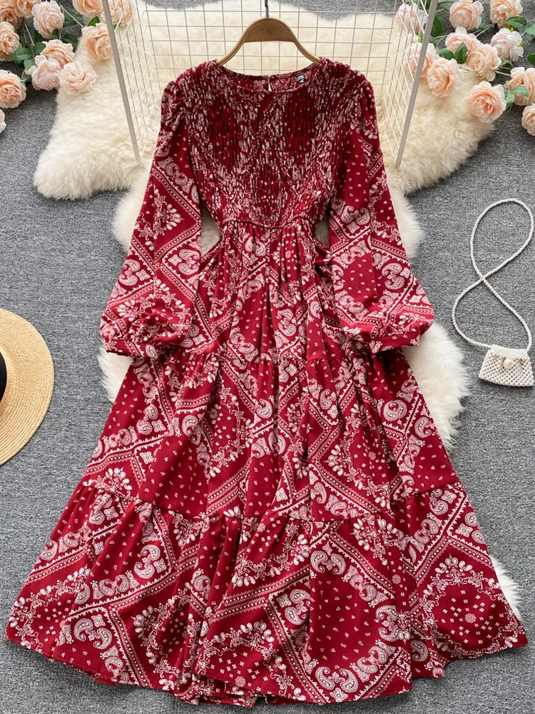 

YuooMuoo Autumn Dress 2022 New Retro Vintage Print Women Midi Dress Casual Elastic Waist Long Puff Sleeve Korean Party Vestidos