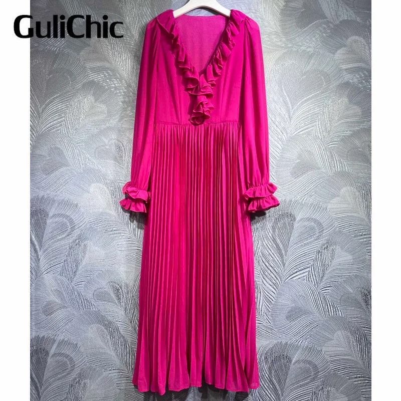 

Женское элегантное однотонное Плиссированное длинное платье GuliChic с V-образным вырезом, оборками и высокой талией, 10,9