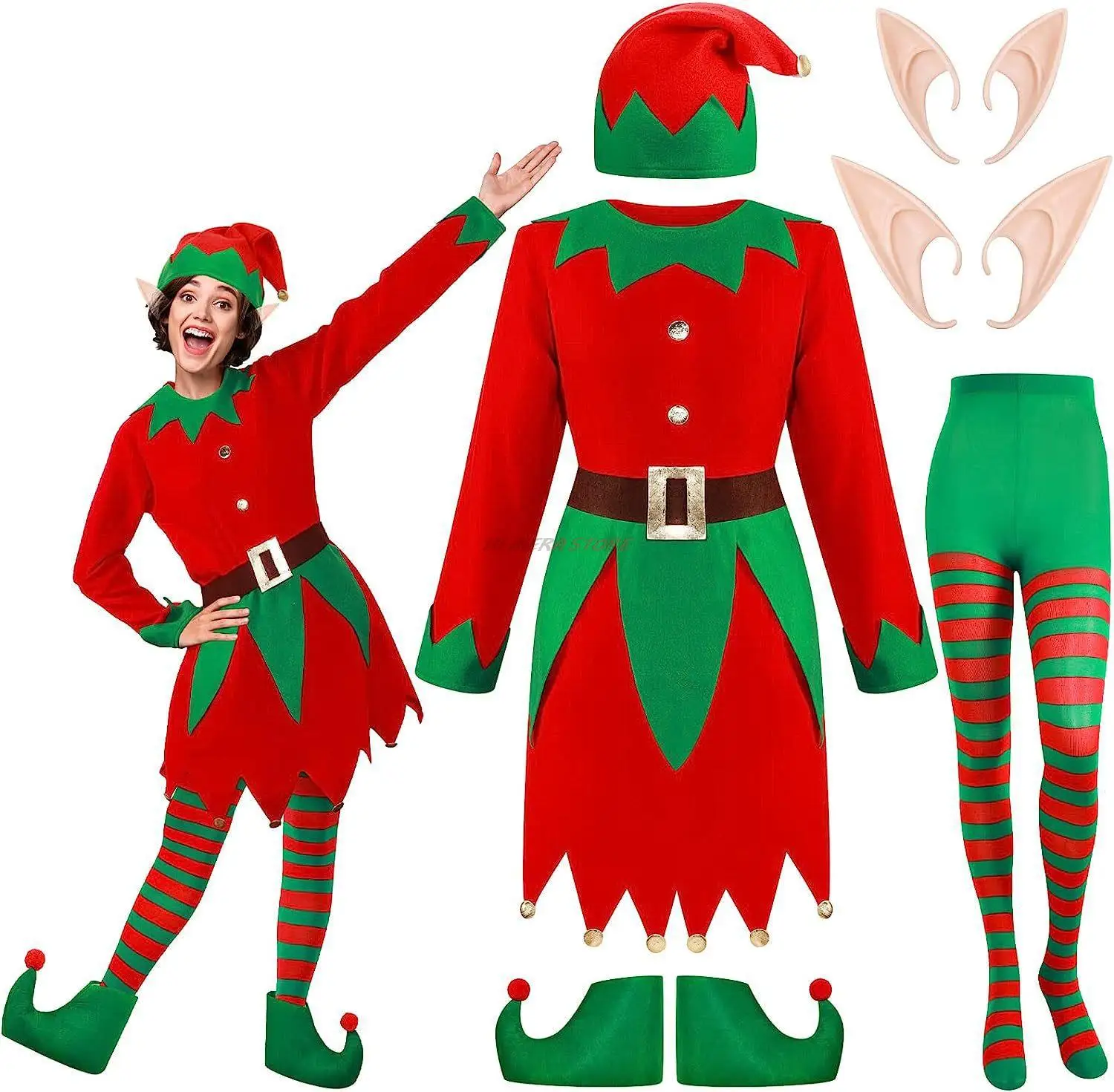 

Christmas Elf Women Girl Costumes Long Sleeve Dress And Belt Hat Shoes Striped Stockings Party Role-playing Cosplay Dropshipping