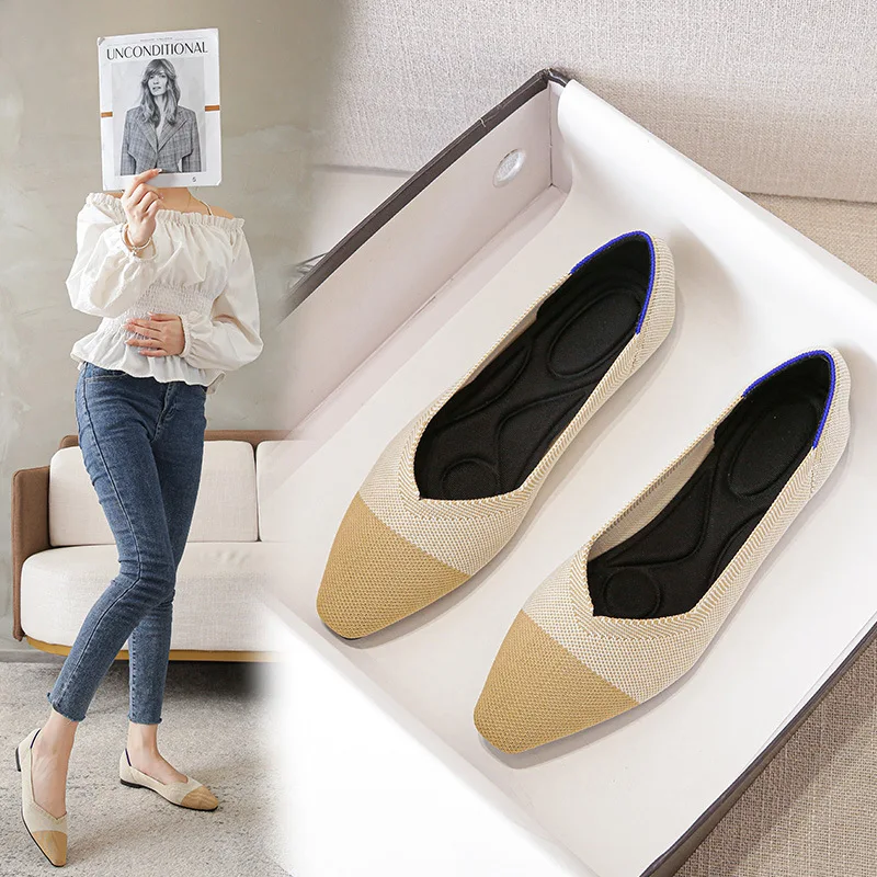 Women's Square Toe Mixed Color Flats Knitting Elastic Comfortable Ballet Shoes Women's Flat Breathable Spring Autumn Single Shoe