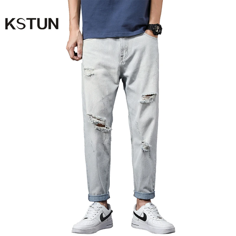 

Hip Hop Jeans Men Washed White Loose Fit Vintage Hollow Out Holes Distressed Male Denim Trousers Motocycle Ripped Jeans Pants