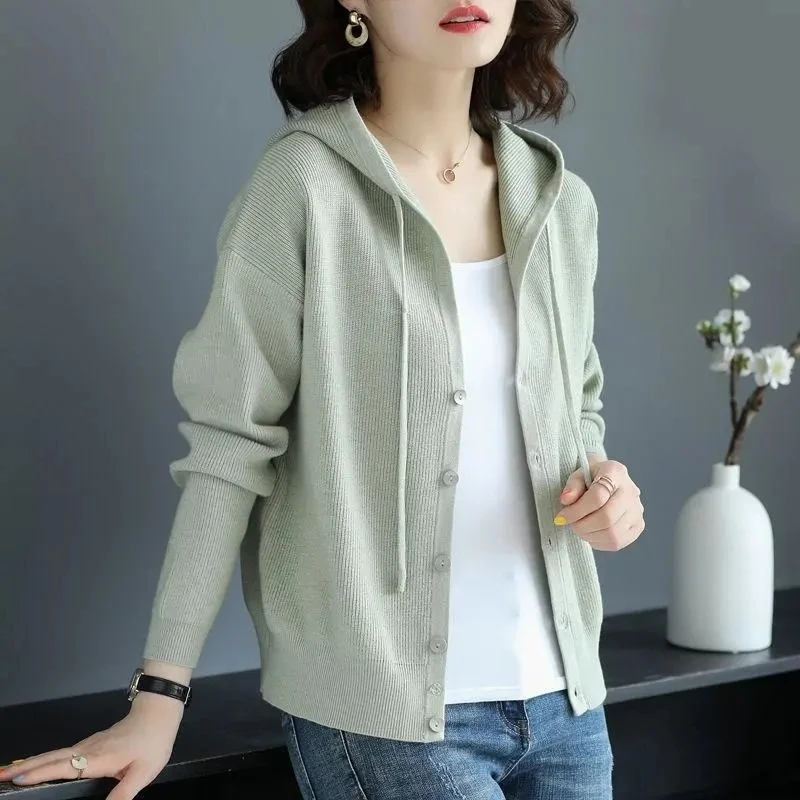 

2022 Spring Autumn New Knitted Coat Women's Short Loose Jacket Casual Ladies Cardigan Hooded Sweatshirt Female Top