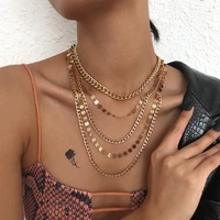exaggerated multilayer sequin pendant chain necklace women girls vintage punk geometric heavy metal choker tassel neck jewelry