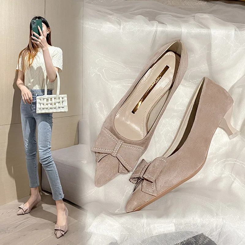 

2022 Suede Leather Bowtie Pumps Shoes Woman Pink/blue OL Shoes Pointed Toe Bowknot Med-high Heels Tacones Mujer Plus Size 43