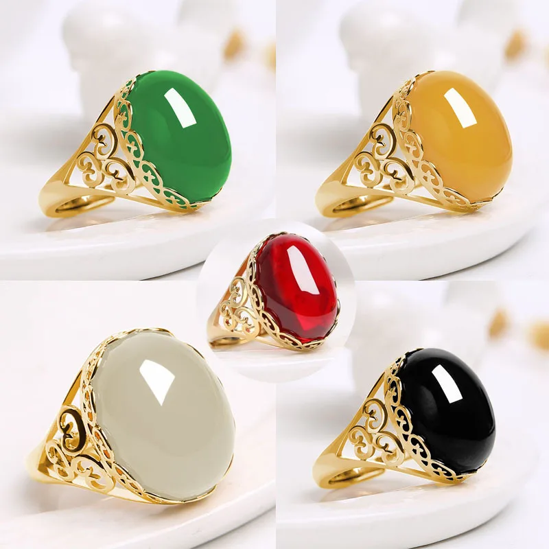 

Ethnic Style Emerald Imitation Green Chalcedony Ring Temperament Ladies Ring Opening Imitation Agate Color Treasure Ladies Ring