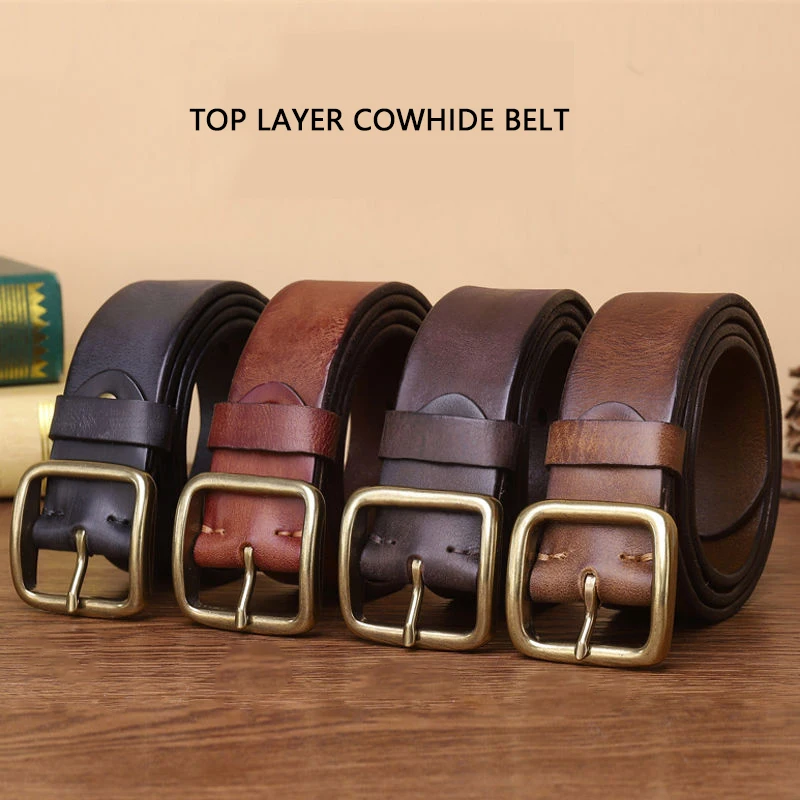Belt men's leather copper needle buckle head layer cowhide belt men's casual middle-aged and young retro belt