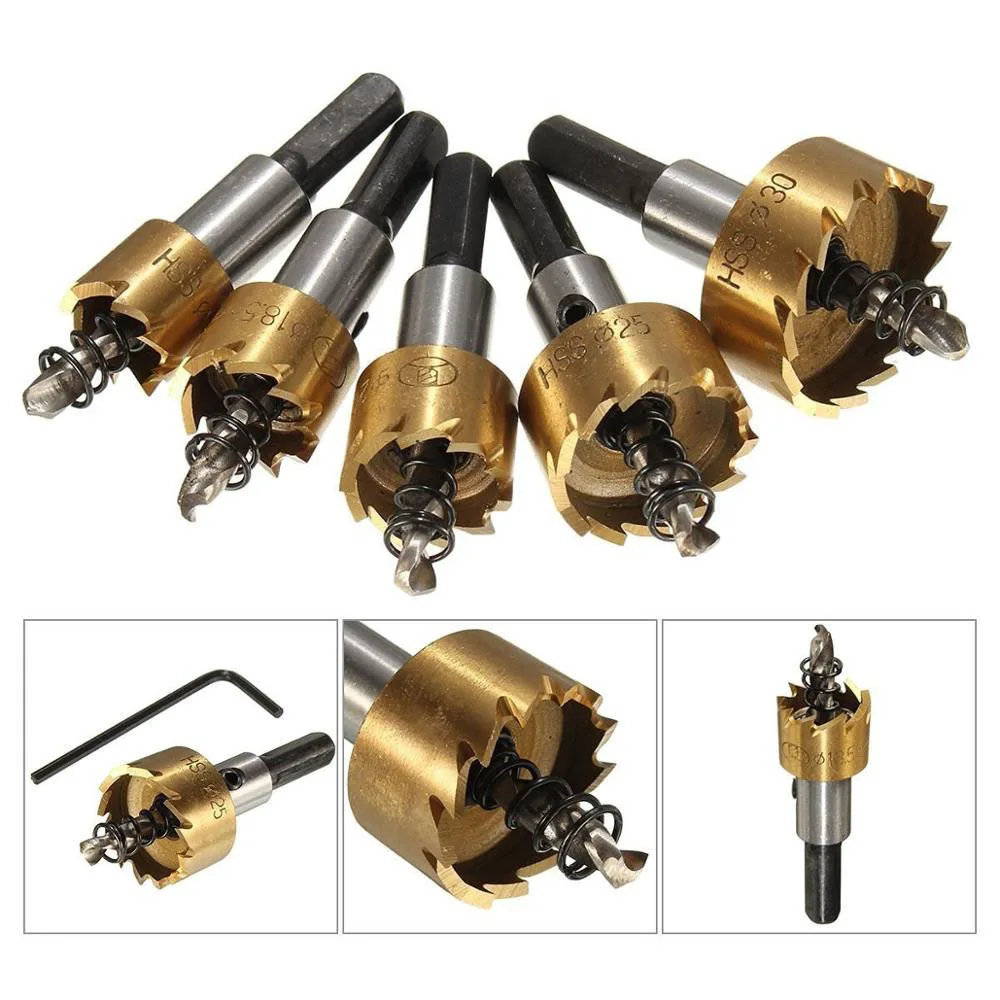 

5pcs Carbide Tip HSS Hole Saw Drill Bits Set Stainless Steel Metal Wood Drilling Hole Cutter Tool 16-30mm for Installing Locks