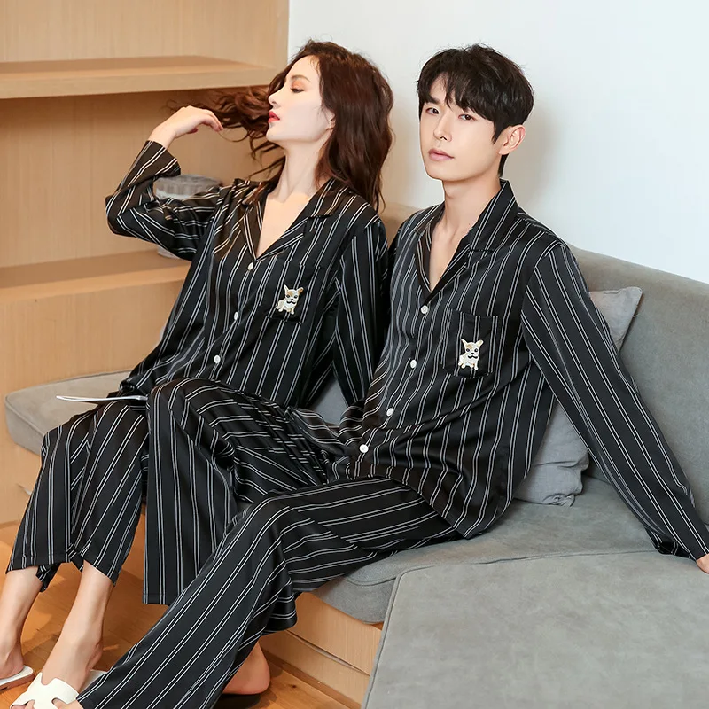 Ice silk couple pajamas women's spring and autumn new satin chiffon long-sleeved vertical cardigan home service large size men's