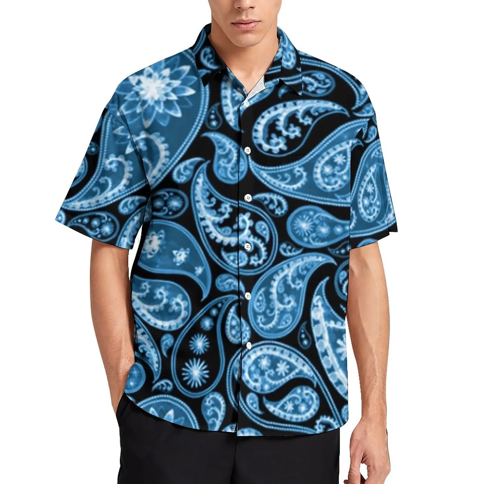 

Blue Black Paisley Print Vacation Shirt Retro Floral Hawaii Casual Shirts Mens Retro Blouses Printed Top Plus Size