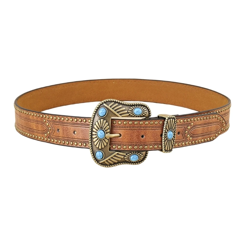 Vintage Leather Belt Western Belt Cowboy Belt Turquoise Belt Buckle Belt