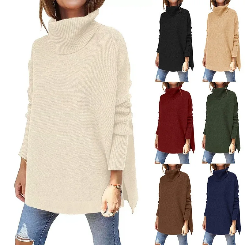 

Autumn/Winter High Neck Sweater Medium Long Solid Bat Sleeve Hem Waist Comfortable Casual Pullover Sweater Knitted Shirt Women