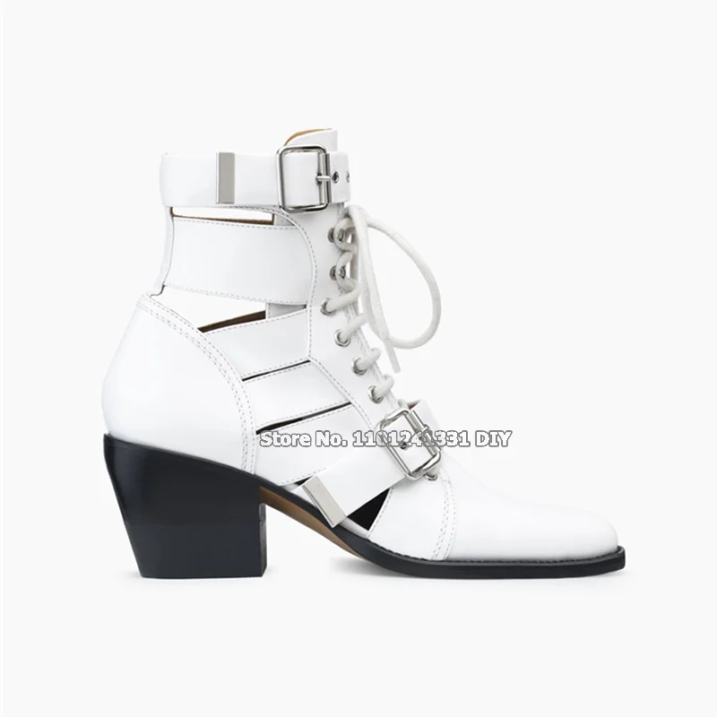 Metal Buckle Real Leather Lace Up Short Boots Women Cut Out Designer Chunky Heeled Spring Autumn Ankle Boots Plus Size