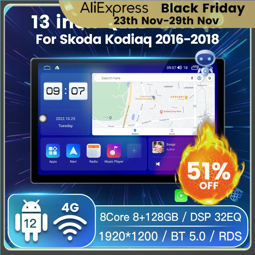 

8G RAM 128G ROM Android 12 Intelligent System Car All in one For Skoda Kodiaq 2016 2017 2018 GPS Navigation For Carplay Auto DSP