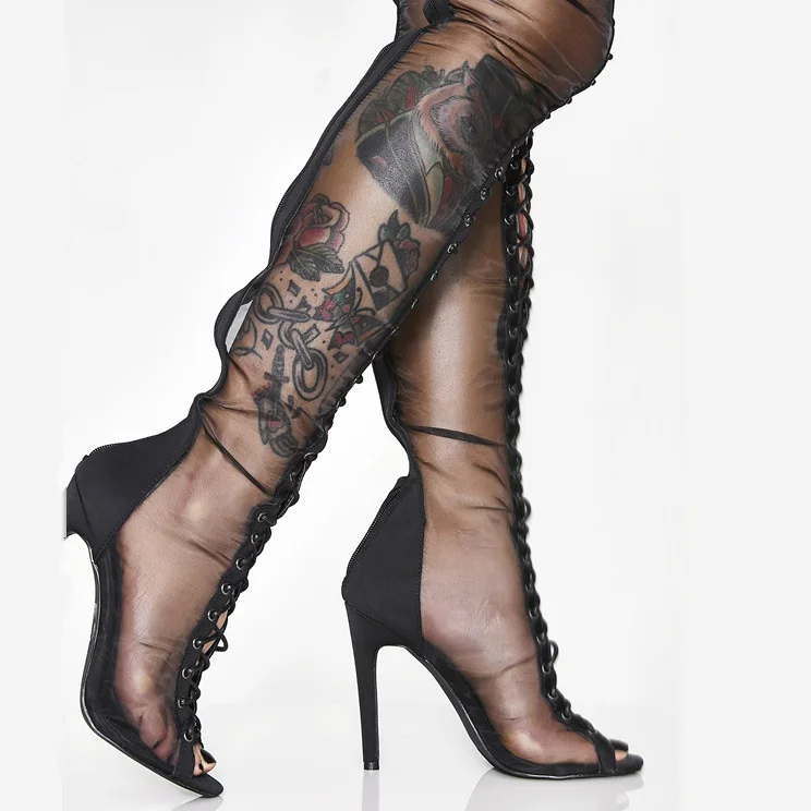 2023 Spring And Summer Season Thin Heel Fish Mouth Cool Boots Knee-length Boots Large Size Catwalk Mesh Fashion Women's Shoes