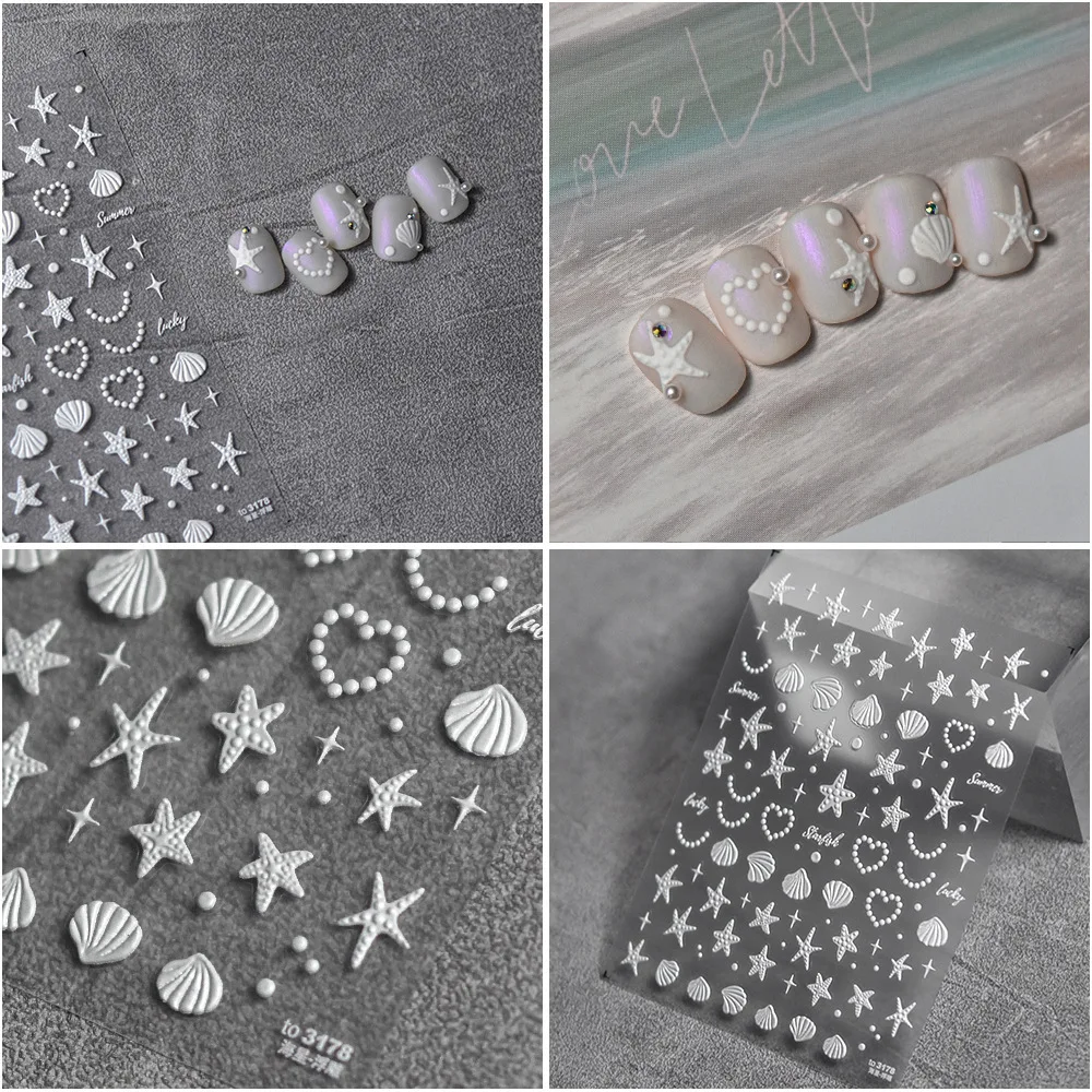 Самоклеящаяся 3d-наклейка для ногтей, стикер с белыми морскими медузами, русалочкой, рыбьим хвостом, морской звездой, птицей, летним океаном, для маникюра