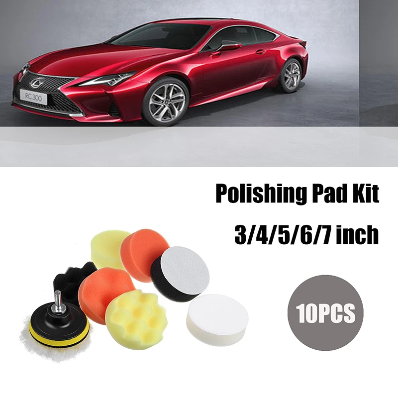 

10Pcs 3/4/5/6/7 inch Car Polishing Disc Self-Adhesive Buffing Waxing Sponge Wool Wheel Polishing Pad Car Polisher Drill Adapter