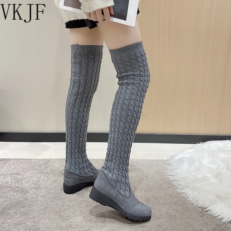 

Женские сапоги, осень и зима, новые сапоги до колена, гладкие и удобные сапоги из хлопка на плоской подошве, шерстяные вязаные женские сапоги