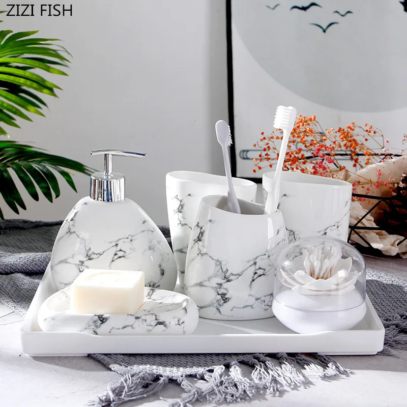 

6pcs/set Imitation Marble Ceramics Bathroom Accessories Set Soap Dispenser/Toothbrush Holder/Tumbler/Soap Dishes/Plastic Trays