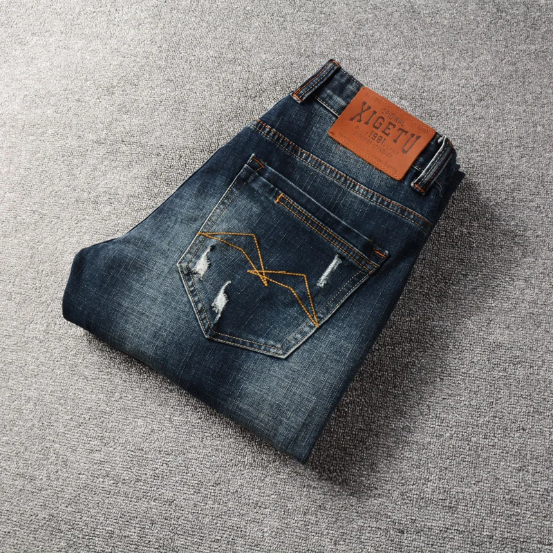 Fashion Designer Men Jeans Retro Black Blue Stretch Slim Fit Ripped Jeans Men Embroidery Patched Vintage Denim Pants Hombre